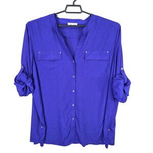 Womens Calvin Klein Royal Blue Button Front Blouse Roll Tab Sleeves Polyester 3X